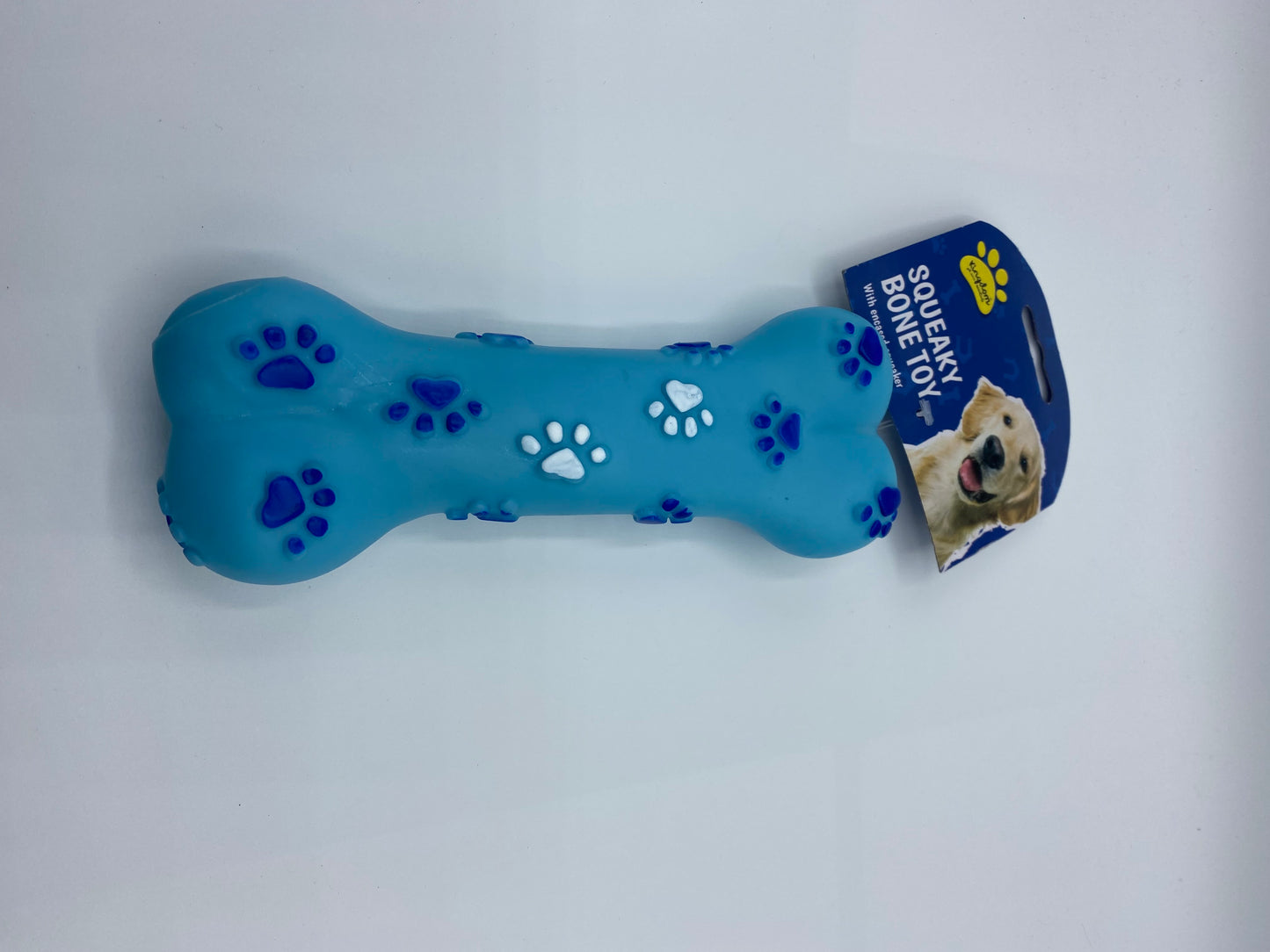 Vinyl Bone Shape Squeaky Dog Toy with Paw Print Size Approx 18cm Long in Four Colours