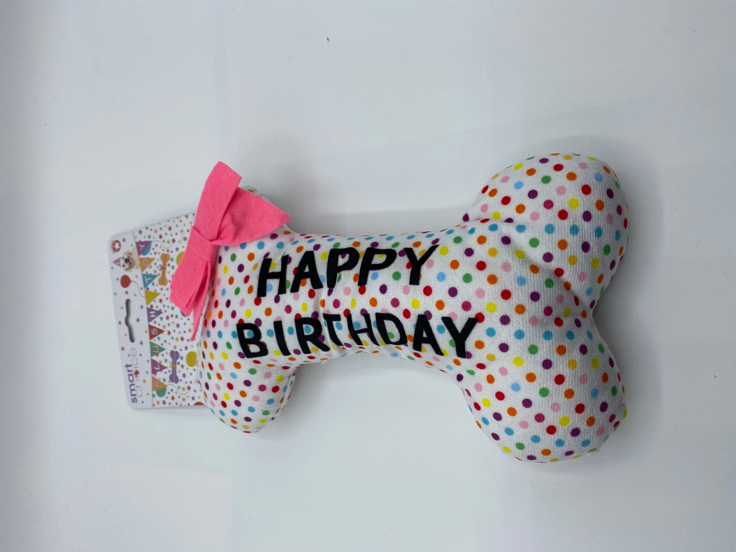 Plush Happy Birthday Squeaky Bone Dog Toy in Three Colours Size Approx 23cm Long