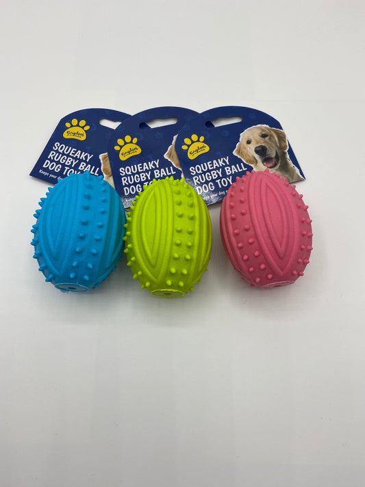 Squeaky Rubber Rugby Ball Dog Toy Various Colours Size 10cm