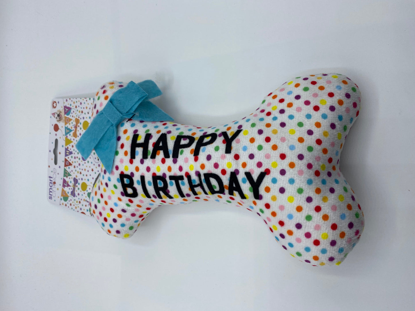 Plush Happy Birthday Squeaky Bone Dog Toy in Three Colours Size Approx 23cm Long