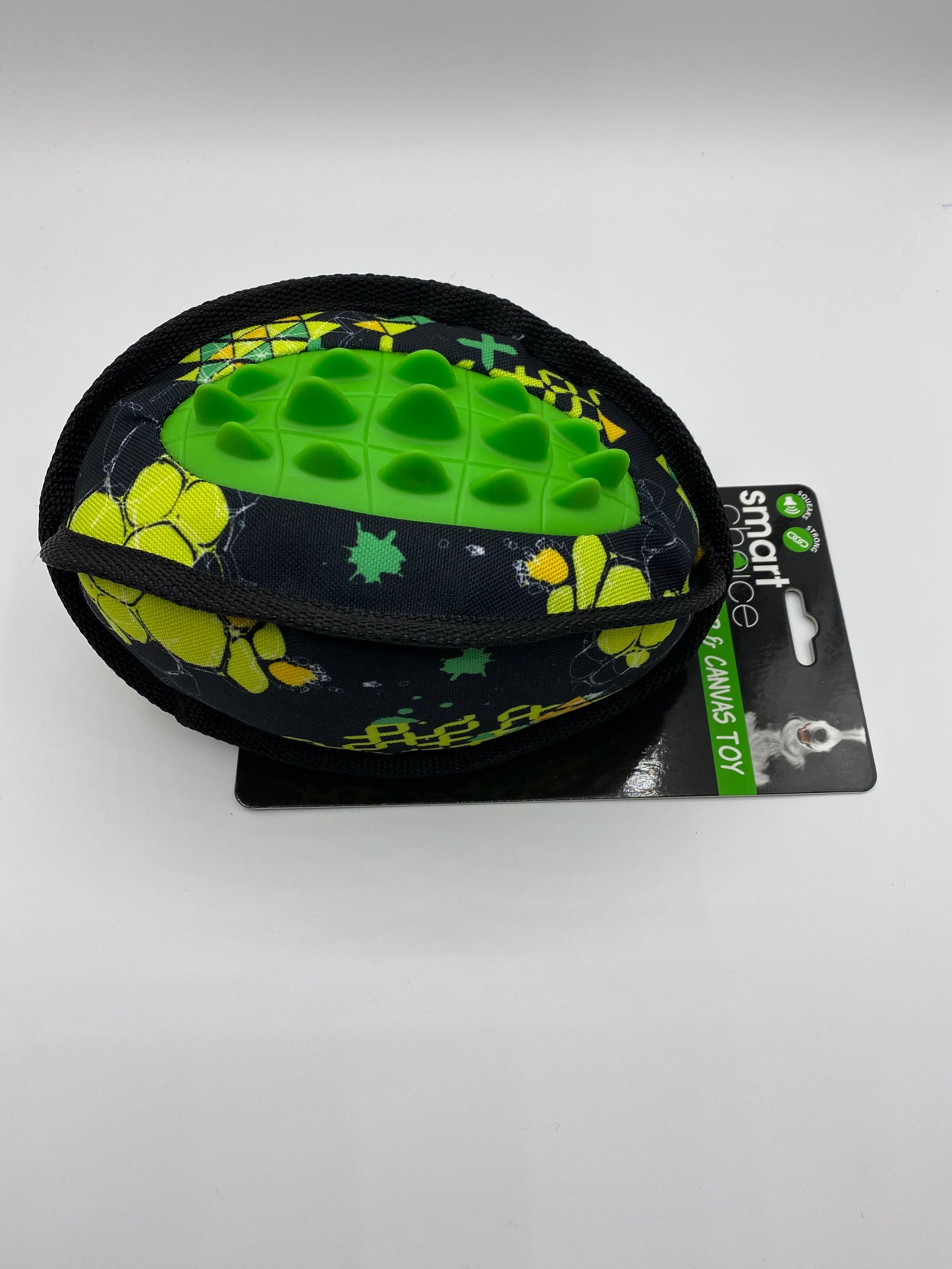 Canvas and Rubber Plush Rugby ball Dog Toy in Black and Green Size approx 20cm Long