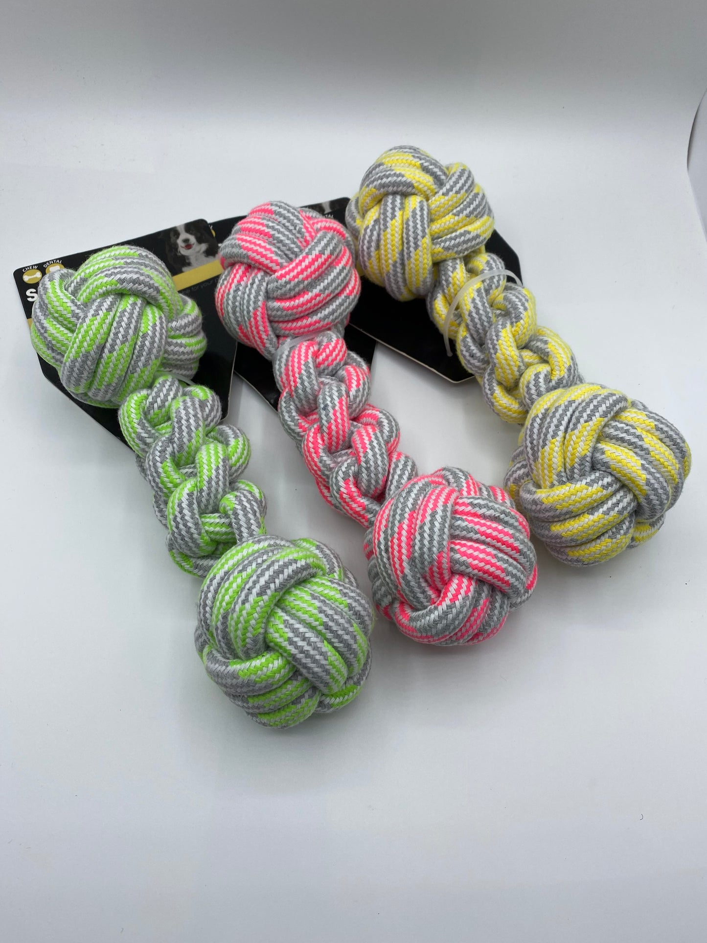 Dumbbell Shape Rope/Tug Dog Toy Size approx 25cm Long in Pink, Yellow and Green