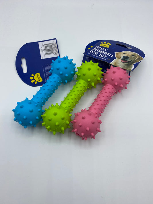 Rubber spikey dumbbell dog toy, various colours