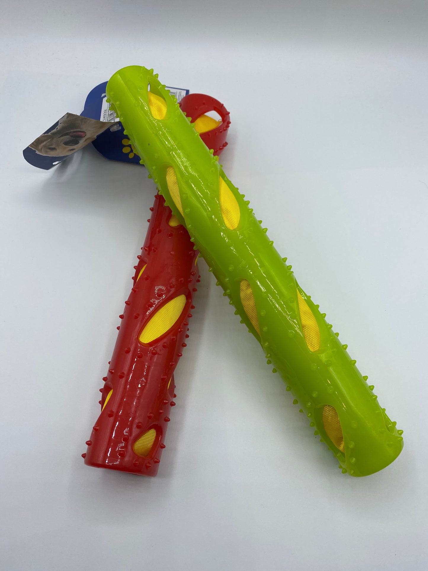 Fetch, Play and Chew Stick Enrichment Dog Toy Two Colours Red and Lime Green Size 30cm Long