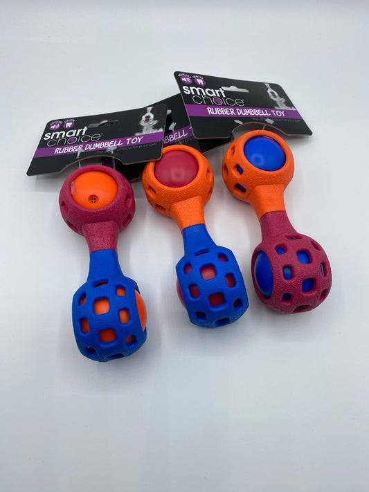 Rubber Squeaky Dumbbell Dog Toy in Three Colours Size approx 15cm Long