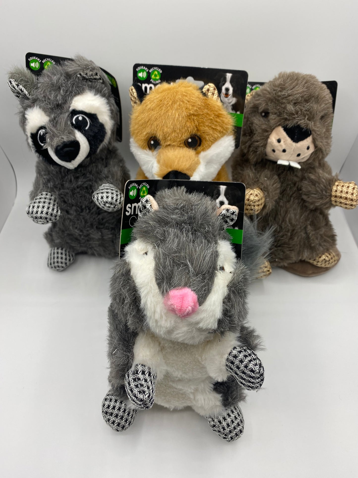 Squeaky Plush Woodland Animals Racoon, Fox, Beaver and Squirrel Size 27cm x24cm dog Toy