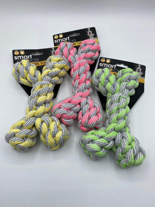 Bone Shape Rope Dog Toy in Three Coloures Pink,Yellow and Green Approx Size 19cm Long