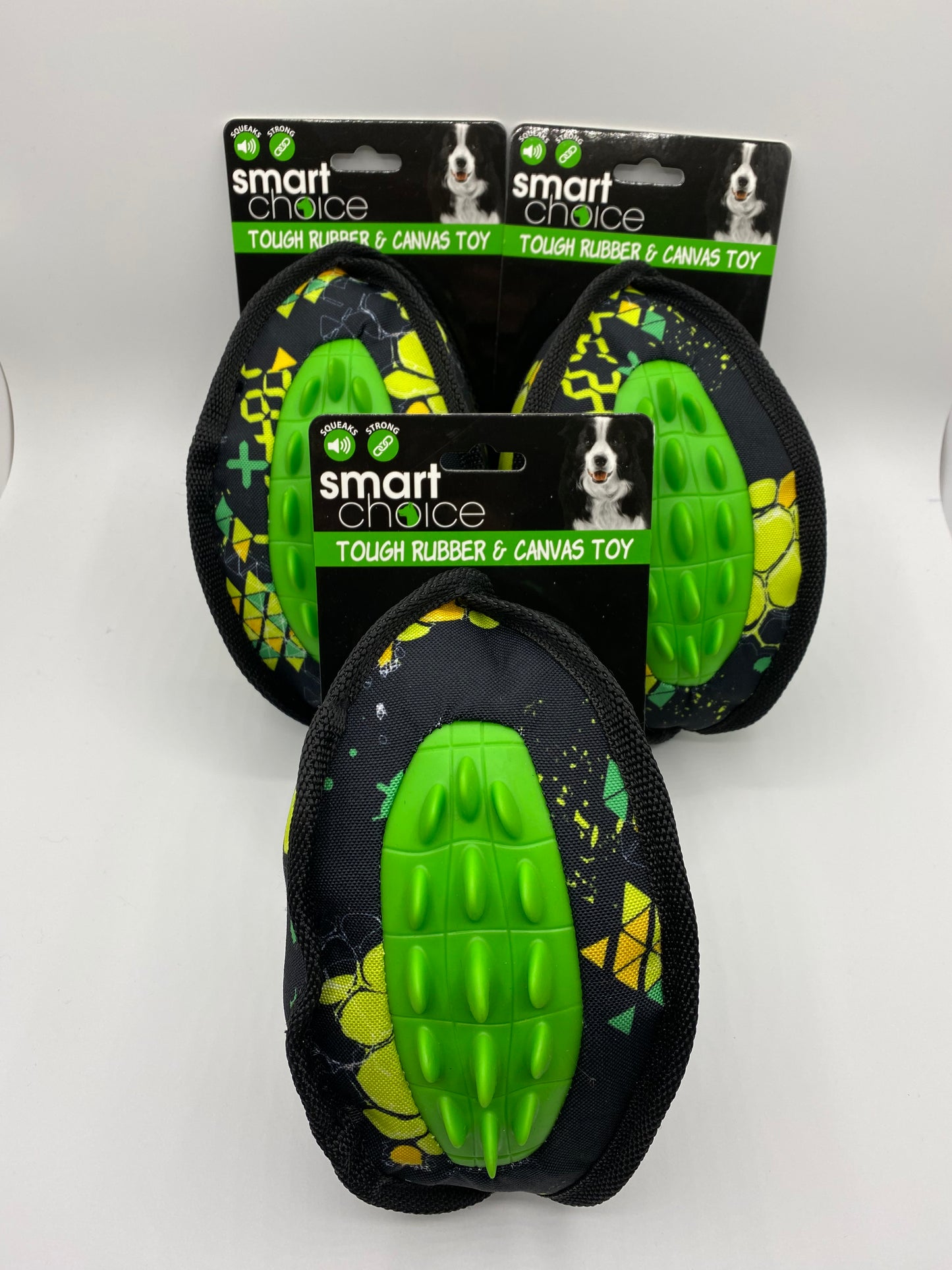 Canvas and Rubber Plush Rugby ball Dog Toy in Black and Green Size approx 20cm Long