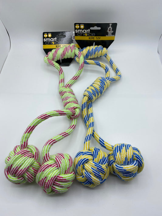 Knotted Rope with Two Balls Dog Toy 48cm Long Pink/Green and Blue/Yellow