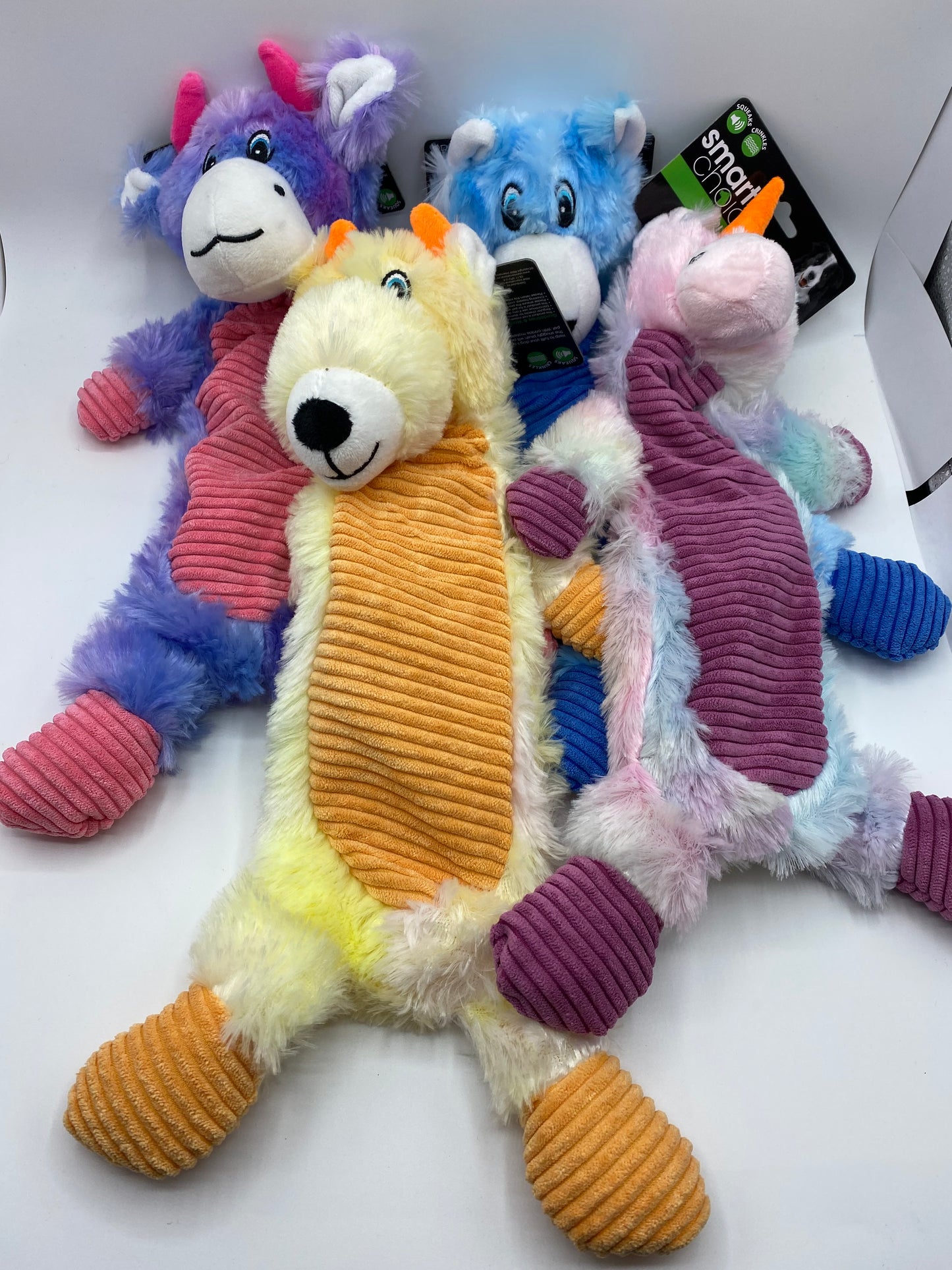 Plush Crinkle Animals with Squeaker Dog Toy in Four Colours Pink,Purple,Yellow and Blue