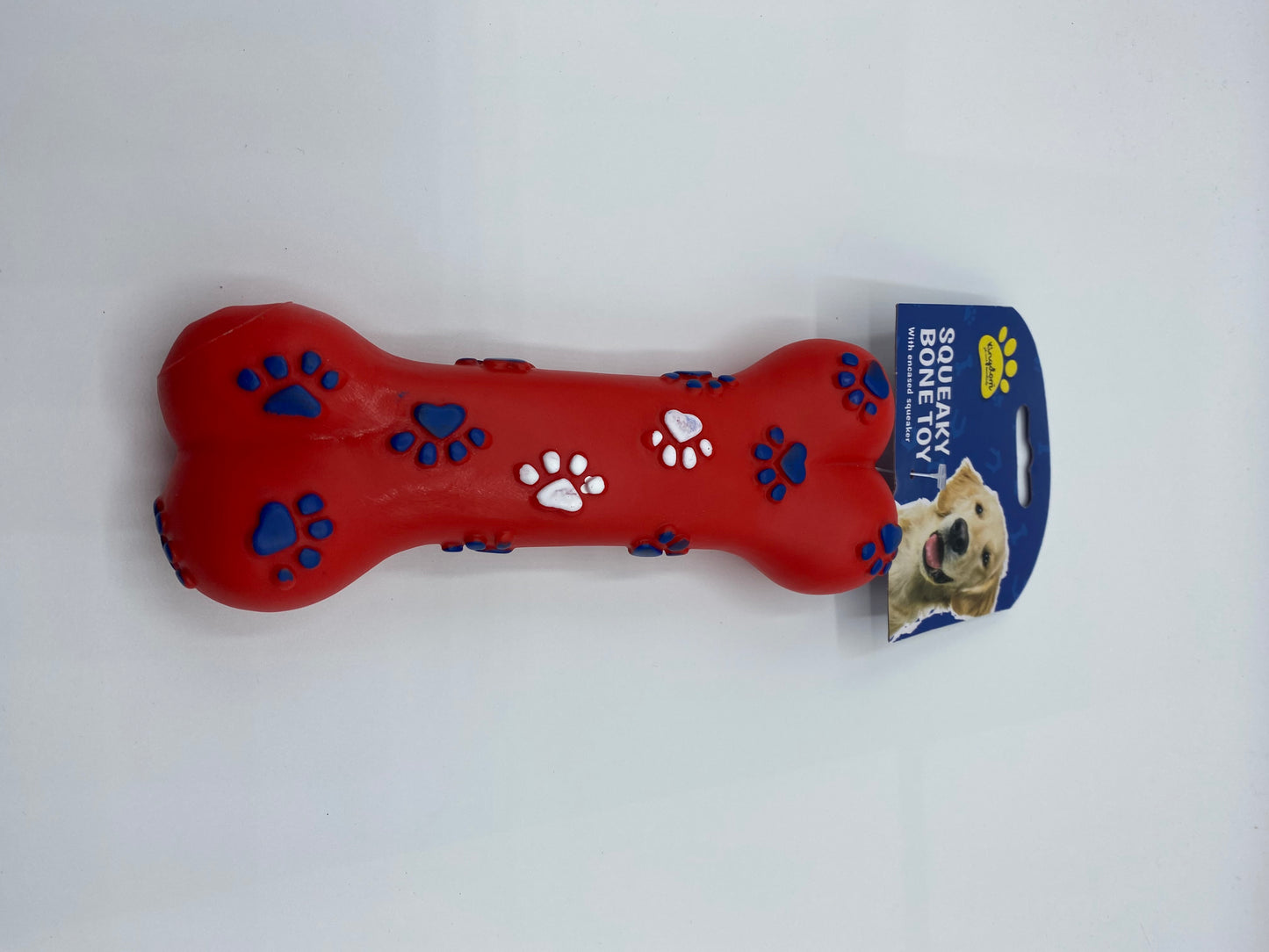 Vinyl Bone Shape Squeaky Dog Toy with Paw Print Size Approx 18cm Long in Four Colours