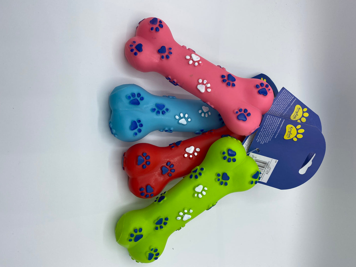 Vinyl Bone Shape Squeaky Dog Toy with Paw Print Size Approx 18cm Long in Four Colours