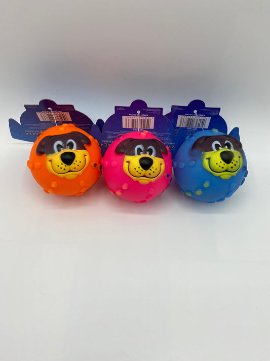 Vinyl Squeaky Ball Dog Toy With Cute Dog Face 7cm Diameter Various Colours