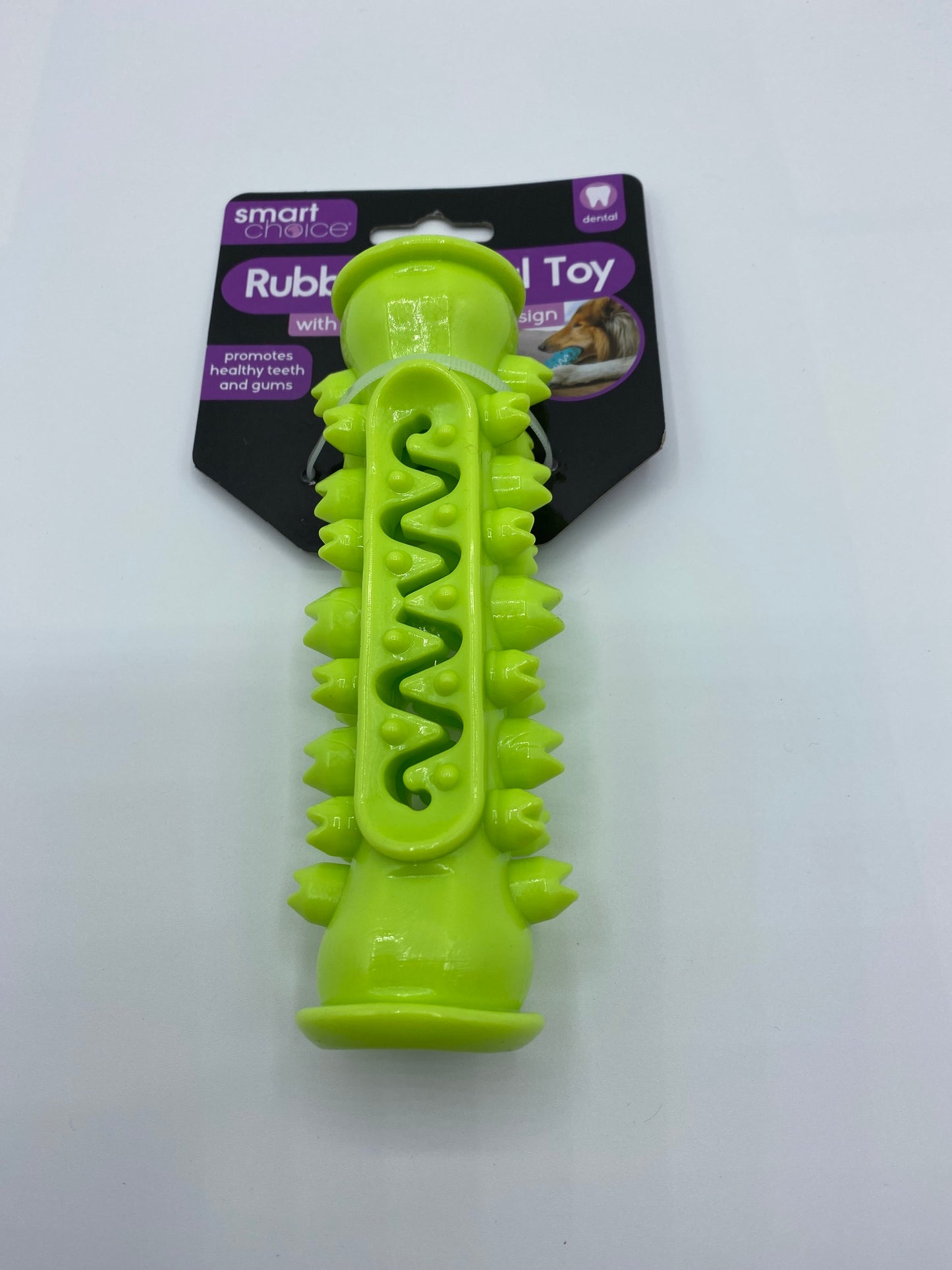 Rubber Dental Dog Toy in Three Colours Light Blue Green and Purple Size Approx 15cm Long