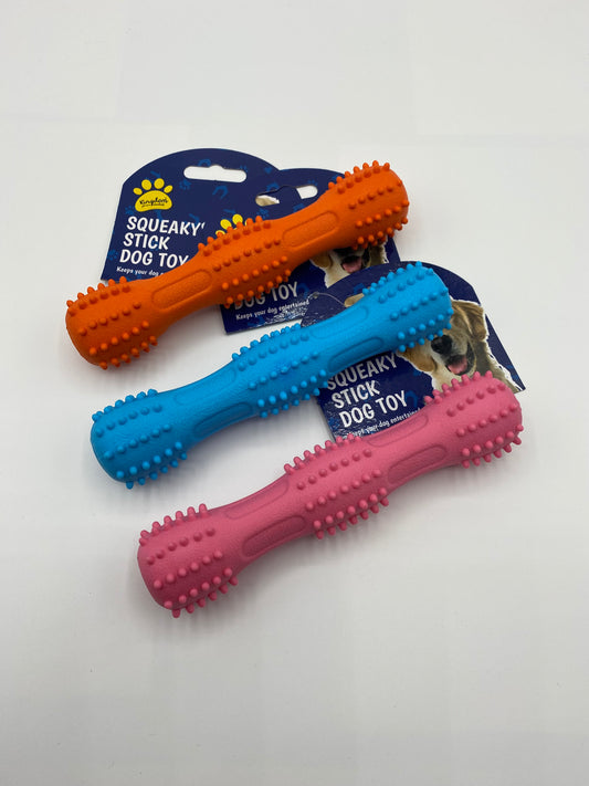 Squeaky Rubber Stick Dog Toy 17cm long Blue, Orange and Pink