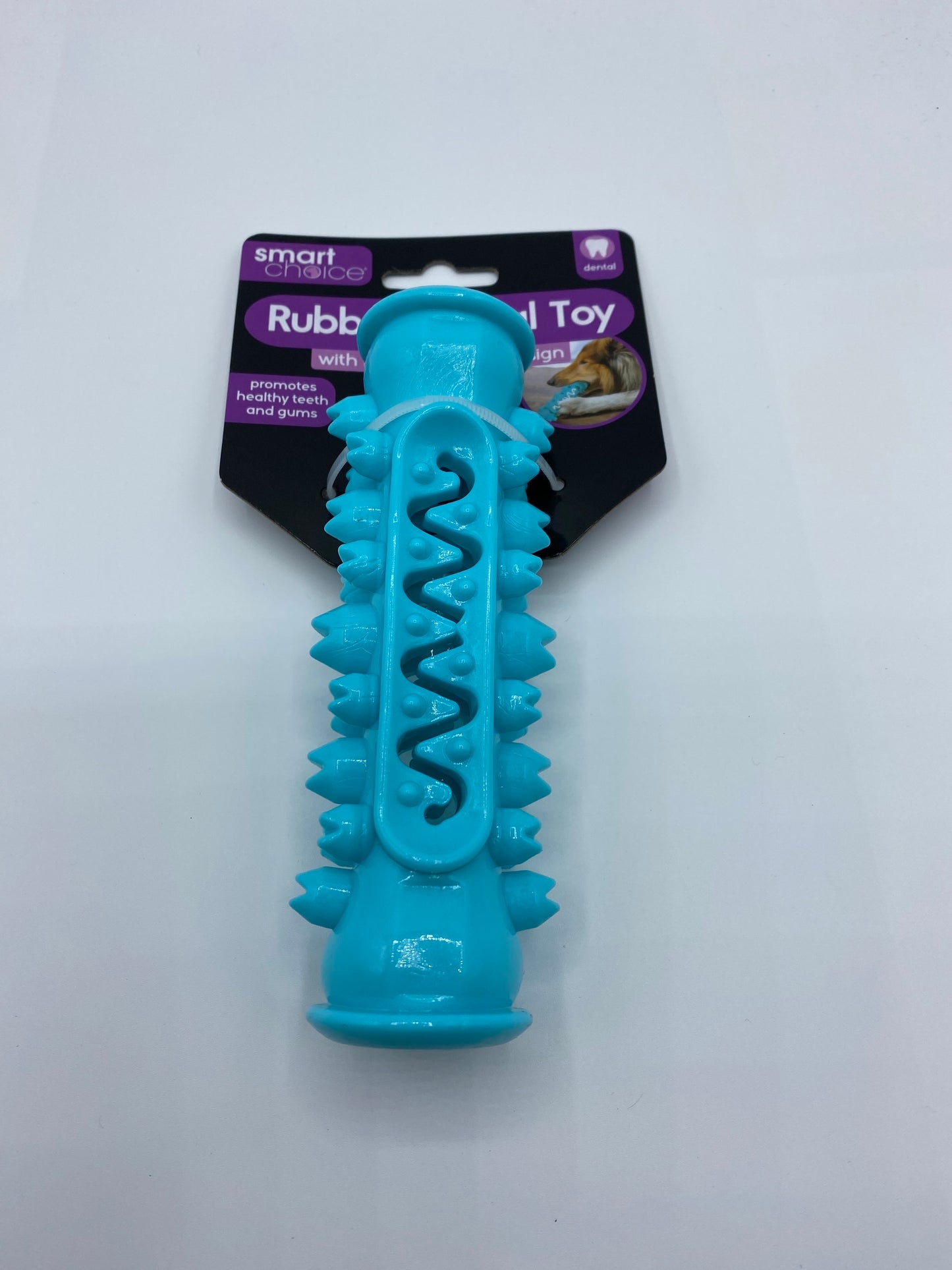 Rubber Dental Dog Toy in Three Colours Light Blue Green and Purple Size Approx 15cm Long