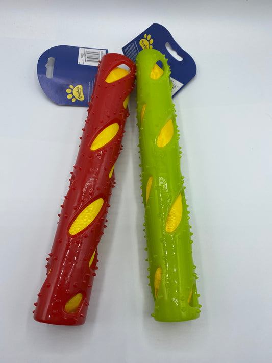 Fetch, Play and Chew Stick Enrichment Dog Toy Two Colours Red and Lime Green Size 30cm Long