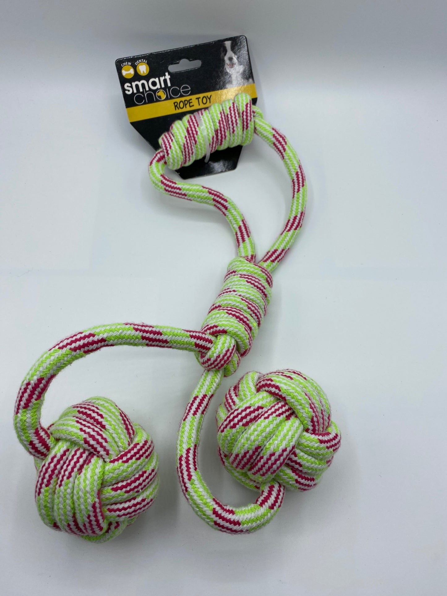 Knotted Rope with Two Balls Dog Toy 48cm Long Pink/Green and Blue/Yellow