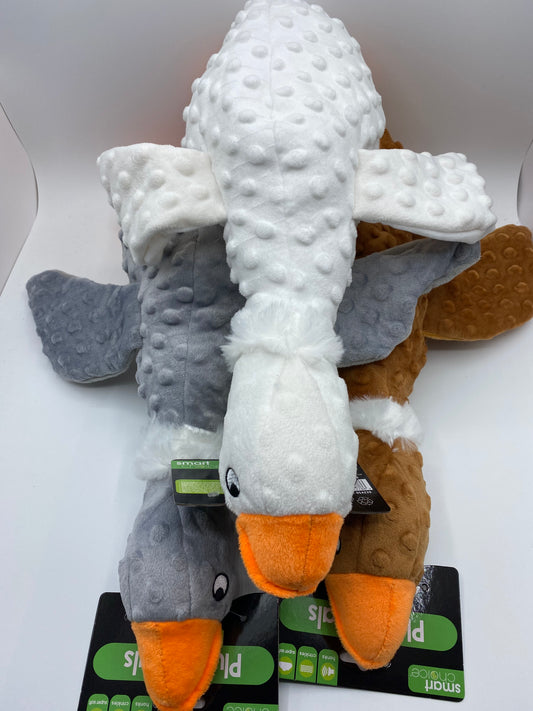 Plush Honking Duck Dog Toy Approx Size 25cm Long in Colours White,Brown and Grey